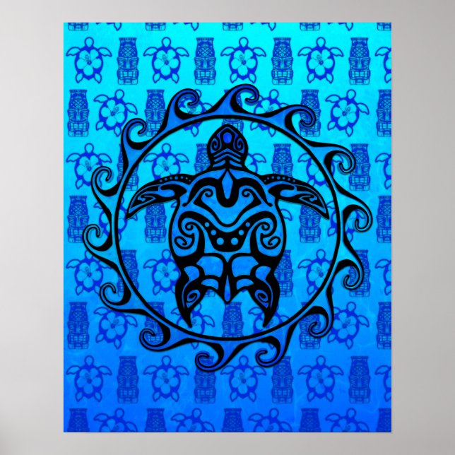 Blue Tribal Turtle Sun Poster (Vorne)