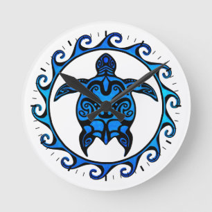Blue Tribal Turtle Sun Runde Wanduhr