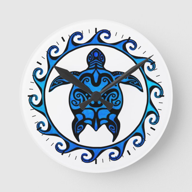 Blue Tribal Turtle Sun Runde Wanduhr (Vorderseite)