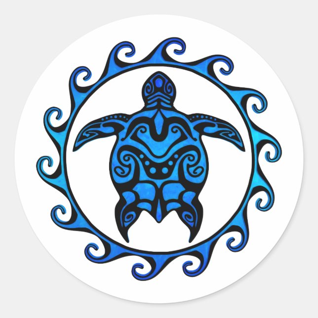 Blue Tribal Turtle Sun Runder Aufkleber (Vorderseite)