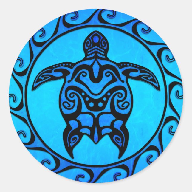 Blue Tribal Turtle Sun Runder Aufkleber (Vorderseite)
