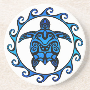Blue Tribal Turtle Sun Sandstein Untersetzer