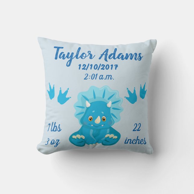 Blue Triceratops Dinosaurier Birth Stats Kinderzim Kissen (Vorderseite)