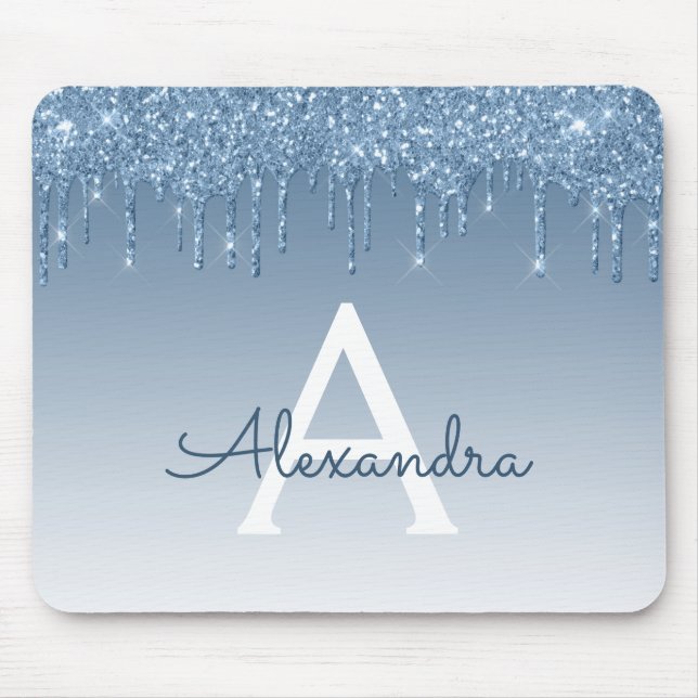 Blue Tropfens Glitzer Monogram Mousepad (Vorne)