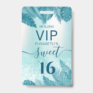 Blue Tropical Blätter Glitzer Skript Sweet 16 VIP Ausweis