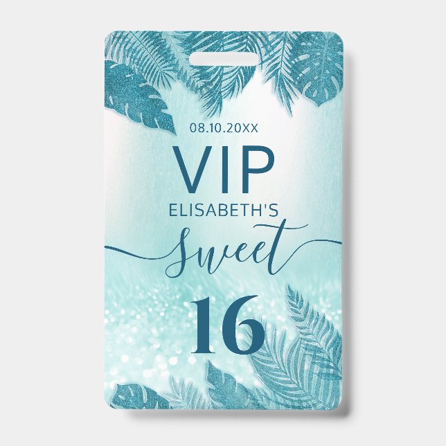 Blue Tropical Blätter Glitzer Skript Sweet 16 VIP Ausweis (Vorderseite)