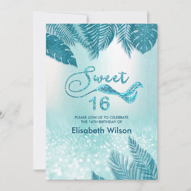 Blue Tropical Blätter schicke trendige Glitterie Einladung (Vorderseite)