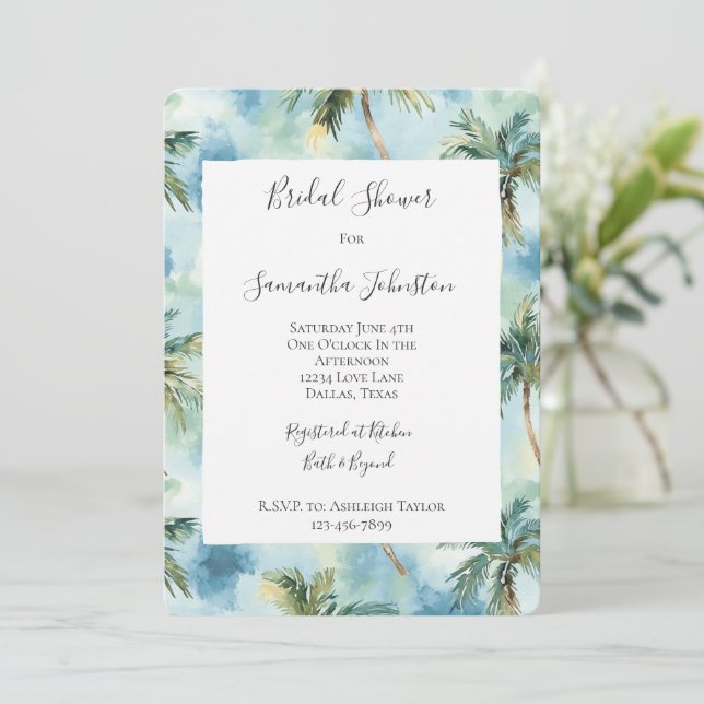 Blue Tropical Island Palm Trees Bridal Shower  Einladung (Stehend Vorderseite)