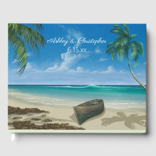 Blue Tropical Ocean Beach Boat Palm Trees Hochzeit Gästebuch