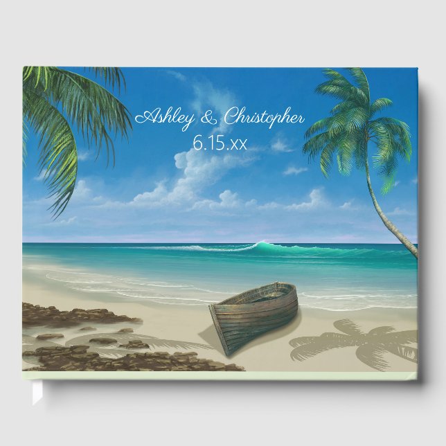 Blue Tropical Ocean Beach Boat Palm Trees Hochzeit Gästebuch (Vorderseite)