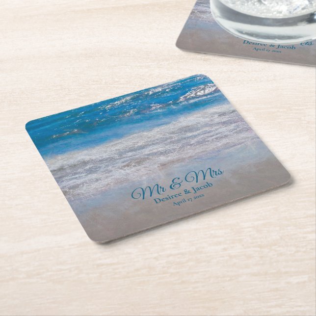 Blue Tropical Ocean Waves Coastal Hochzeit Rechteckiger Pappuntersetzer (angewinkelt)