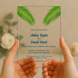 Blue Tropical Palm Leaf Coastal Beach Hochzeit Acryleinladungen