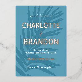 Blue Tropical Palm Leaf Wedding Folieneinladung