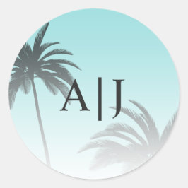 Blue Tropical Palm Tree Beach Monogram Wedding Runder Aufkleber