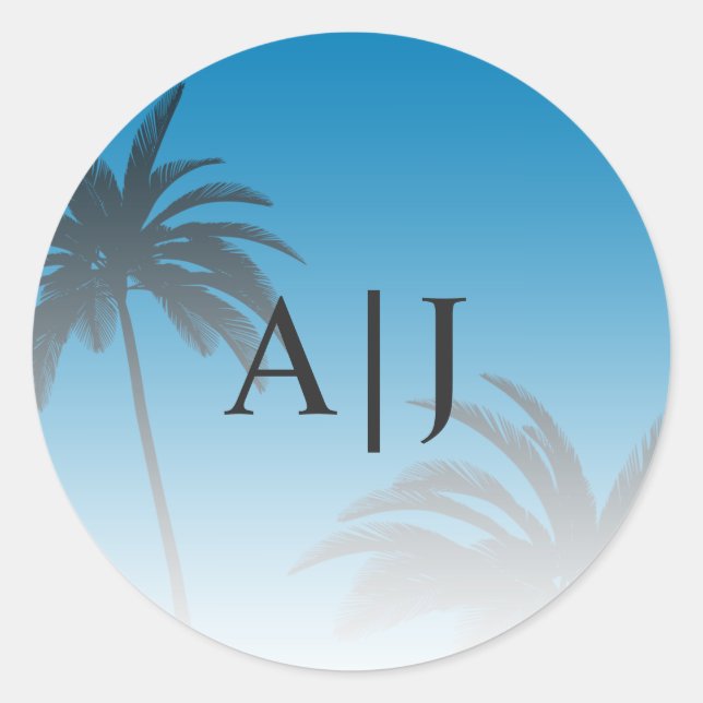 Blue Tropical Palm Tree Beach Monogram Wedding Runder Aufkleber (Vorderseite)