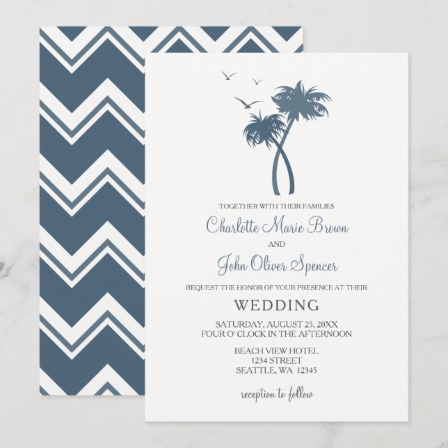 Blue Tropical Palm Tree Hochzeiten Einladungen (Vorne/Hinten)