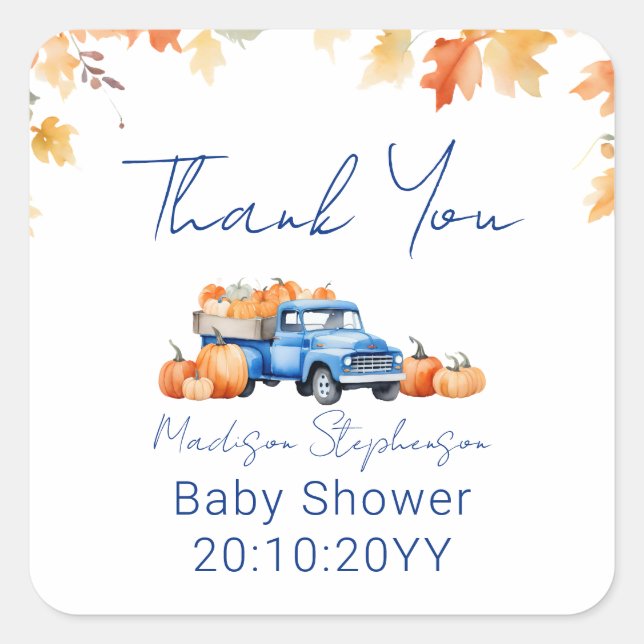 Blue Truck & Little Pumpkin on The Way Baby Dusche Quadratischer Aufkleber (Vorderseite)