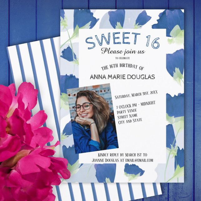 Blue Tulip Sweet 16 Einladungen (blue tulips floral summer spring springtime sweet 16 sixteen party invitations, flowers, stripes)