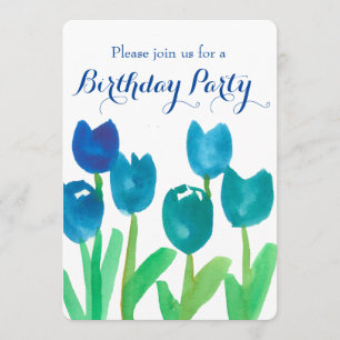 Blue Tulip Watercolor Blume 90. Geburtstagsparty Einladung