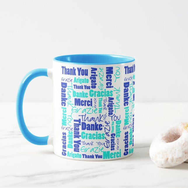 Blue Türkise Multilingual Danke Word Cloud Tasse (Mit Donut)