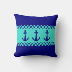 Blue Türkise Stripe Anchor Nautic Kissen