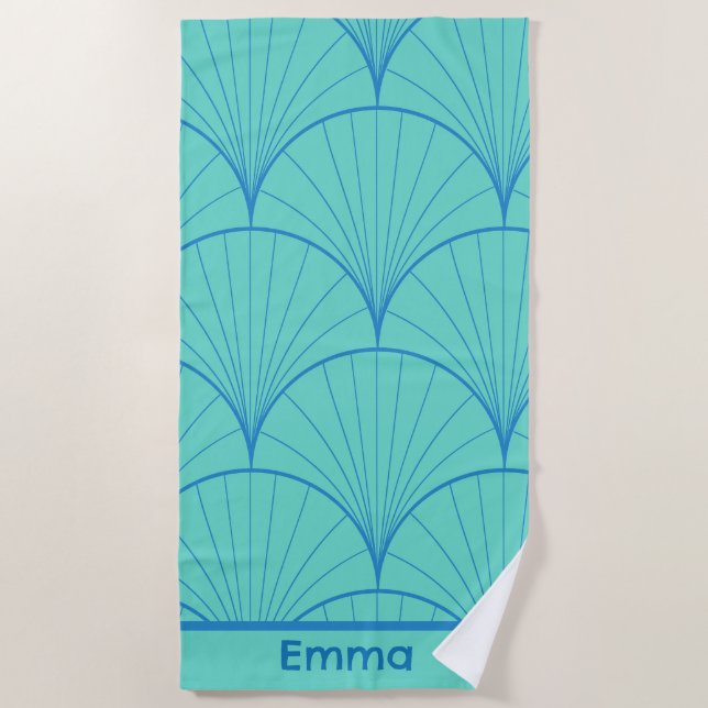 Blue Turqouise Goemetric Seashells Personalisiert Strandtuch (Vorderseite)