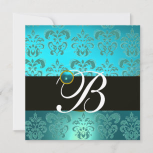 BLUE TURQUASE BLACK DAMASK MONOGRAM, Aquamarine Einladung