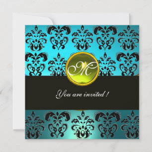 BLUE TURQUE BLACK DAMASK MONOGRAM, gelber Topaz Einladung