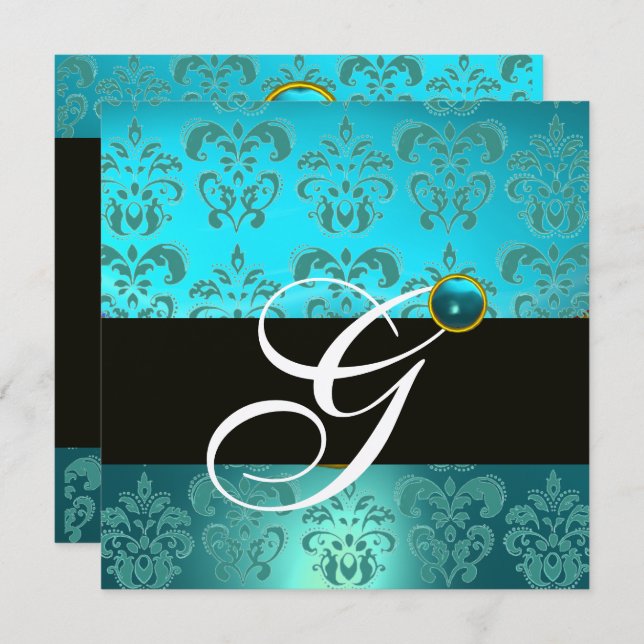 BLUE TURQUE BLACK SILVER DAMASK MONOGRAMM EINLADUNG (Vorne/Hinten)