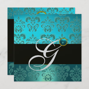 BLUE TURQUE BLACK SILVER DAMASK MONOGRAMM EINLADUNG