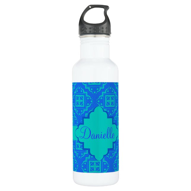 Blue & Turquoise Aqua Arabesque Marokkanisch Trinkflasche (Vorderseite)