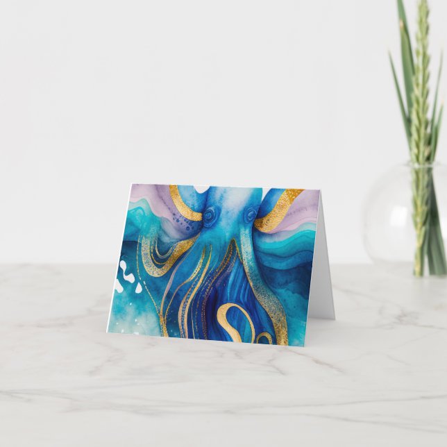 Blue Turquoise Gold Octopus Blank Grußkarte Karte (Vorderseite)