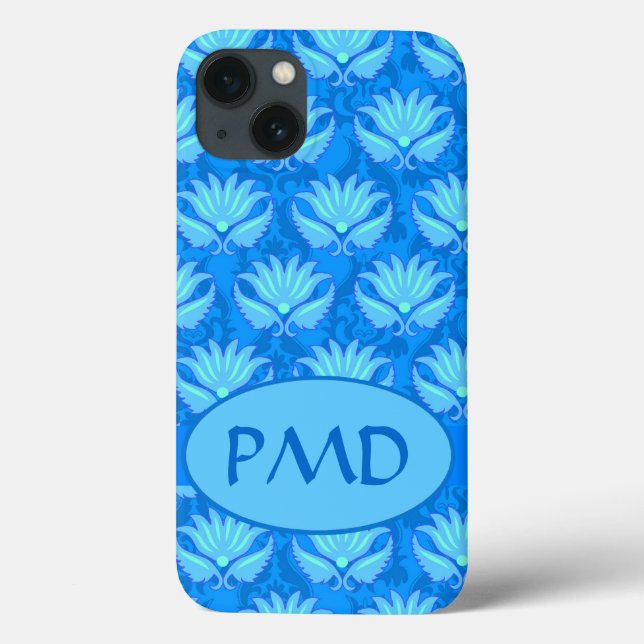 Blue Turquoise Modern Damask Monogram Custom Case-Mate iPhone Hülle (Rückseite)