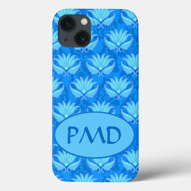 Blue Turquoise Modern Damask Monogram Custom Case-Mate iPhone Hülle (Rückseite)