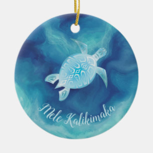 Blue Turtle Mele Kalikimaka Hawaiian  Keramik Ornament