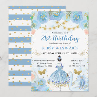 Blue Tutu Black Hair Ballerina Birthday Einladung