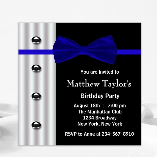 Blue Tuxedo Bow Krawatte Mens Birthday Party Einladung (Black white tuxedo blue bowtie any occasion and birthday party invitation. All text can be changed.)