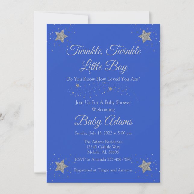 Blue Twinkle Twinkle Little Boy Baby Shower Invit Einladung (Vorderseite)