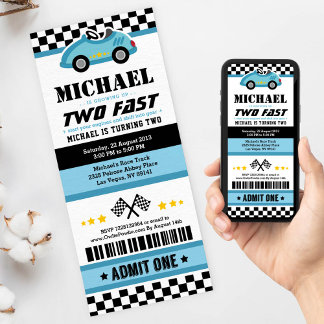 Blue Two Fast Race Car Ticket Pass Zweiten Geburts Einladung