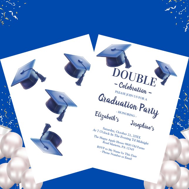 Blue Two Graduates caps Double Graduation Party Einladung (Von Creator hochgeladen)