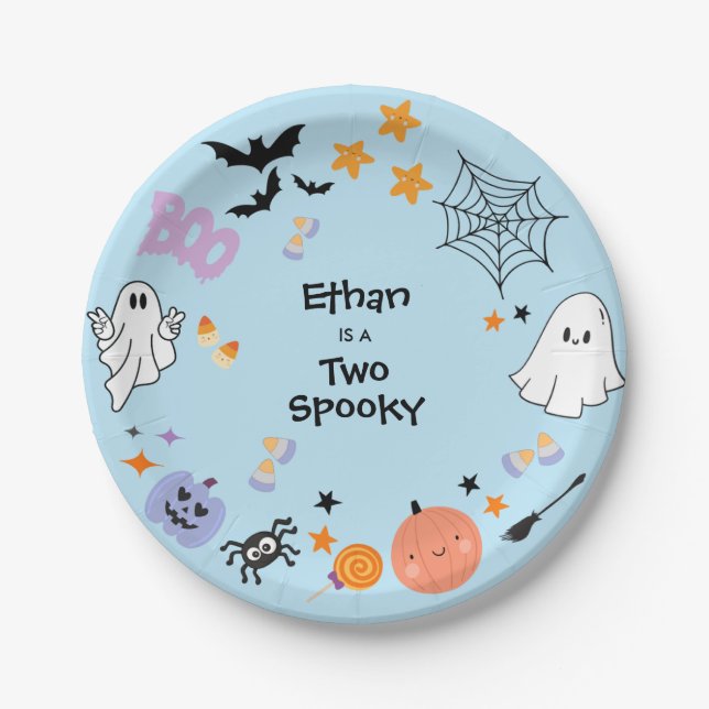 Blue Two Spooky Cute Ghost Halloween 2nd Birthday Pappteller (Vorderseite)