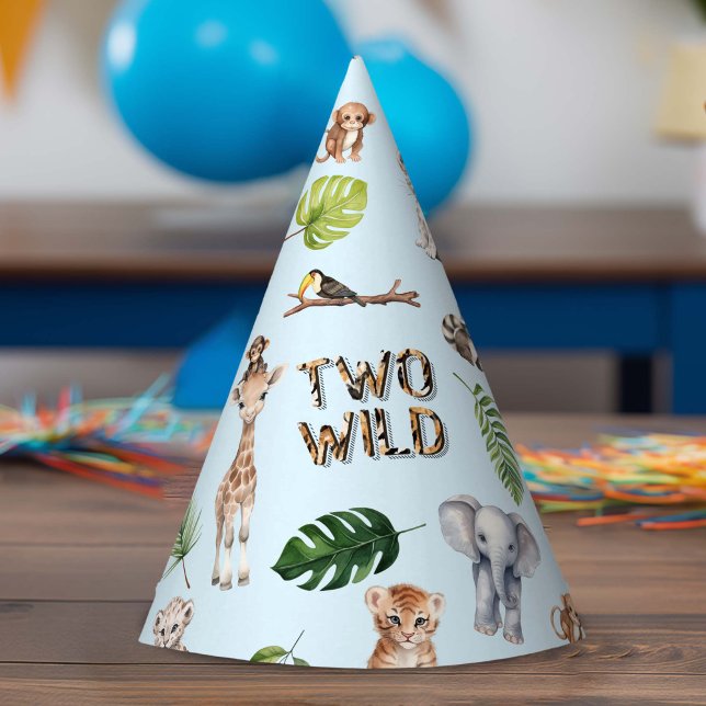 Blue Two Wild 2. Geburtstag Jungle Tiere Partyhütchen (Two Wild, Blue Safari Themed Baby Boy 2nd birthday party hat.)