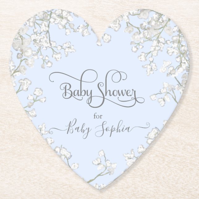 Blue Typografy Gipskraut Floral Baby Dusche Untersetzer (Vorderseite)