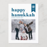 Blue Typography Snowflakes Foto Happy Hanukkah Feiertagspostkarte<br><div class="desc">Happy Hanukka! | Senden Sie Ihre Urlaubswünsche mit dieser personalisierbaren Hanukkah Foto Postkarte. Es zeichnet sich durch eine blaue Retro-fette Typografie, einen schlichten Schneeflocken-Akzent und festliche Muster aus. Personalisieren Sie diese durch Hinzufügen von Namen, Jahr und Foto. Dieses festliche Foto Happy Hanukkah Postcard ist in verschiedenen Farben und Kartenmaterial erhältlich....</div>