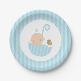 Blue Umbrella Boy Baby Dusche Pappteller
