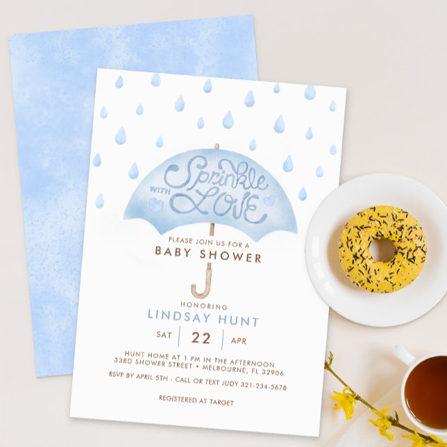 Blue Umbrella Sprinkle Baby Dusche Einladung (Blue Umbrella Sprinkle with Love Baby Shower Invite)