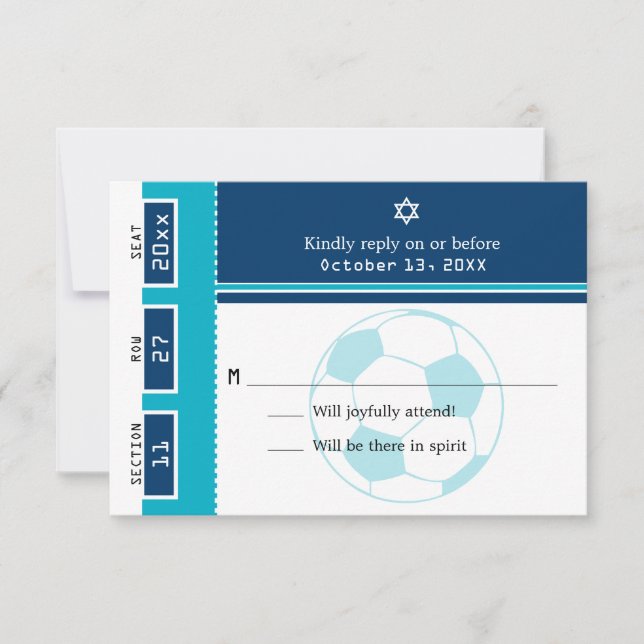Blue und Aquamarine Bar Mitzvah Soccer Ticket UAWG RSVP Karte (Vorderseite)
