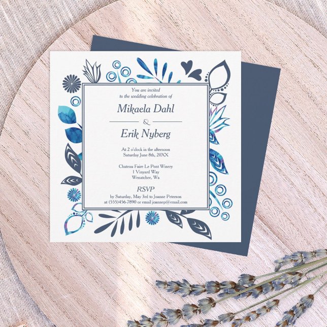 Blue und Blue Gray Blätter Blume Border Wedding Einladung (navy blue and bright blue floral wedding invitation with decorative, square border frame)