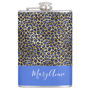 Blue und Gold Cheetah Print Monogram Flachmann