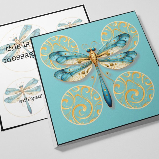 Blue und Gold Dragonfly mit Grenzen Einladung (Aqua and gold dragonfly customizable greeting card with gold accents and circles. )